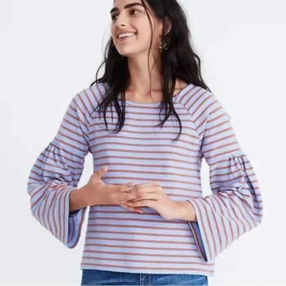 Madewell Flowing Cotton Blend Shirred Bell Sleeve Sailor Blouse